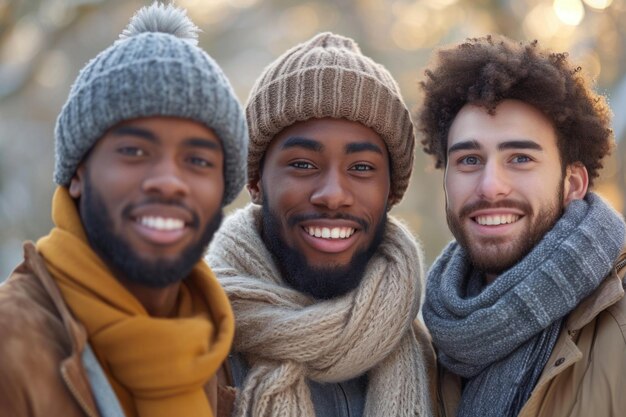 Um grupo jovem reutilizável de pessoas felizes tira uma foto selfie em uma câmera do lado de fora