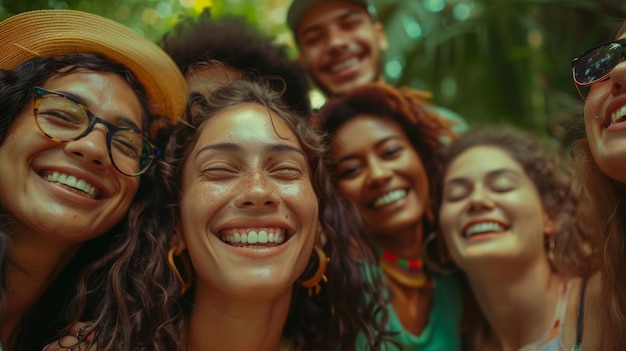 Foto um grupo multicultural de amigos felizes juntos na natureza verde exuberante diversidade e inclusão