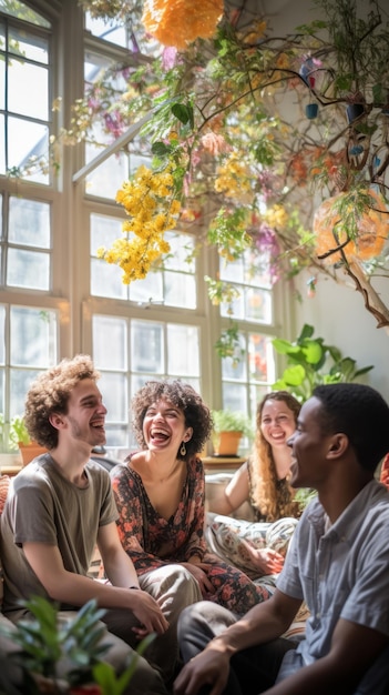 Um grupo multiétnico de amigos rindo juntos numa sala iluminada pelo sol