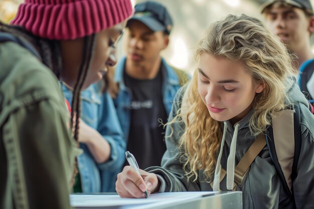 Um grupo multirracial de estudantes universitários se prepara para se inscrever no local de votação