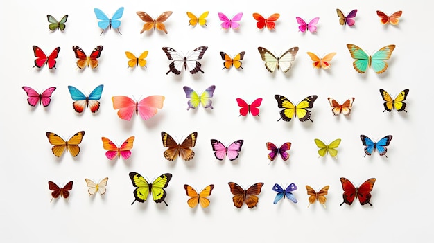 Um grupo vibrante de borboletas contra um fundo branco e limpo