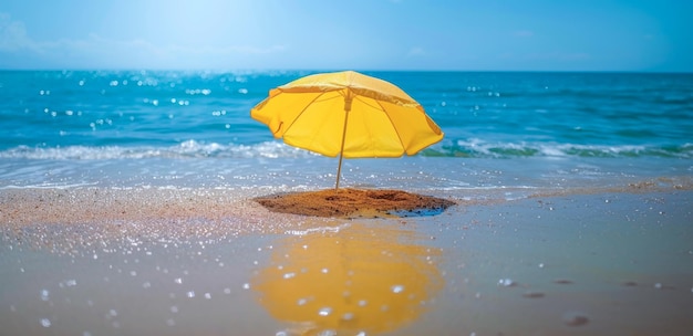 Um guarda-chuva amarelo está sentado na areia na praia