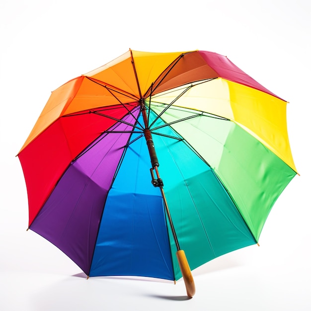 Um guarda-chuva colorido arco-íris está na frente de um fundo branco