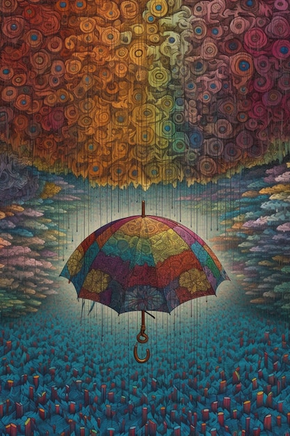 Um guarda-chuva colorido está no ar com as palavras "chuva" nele.