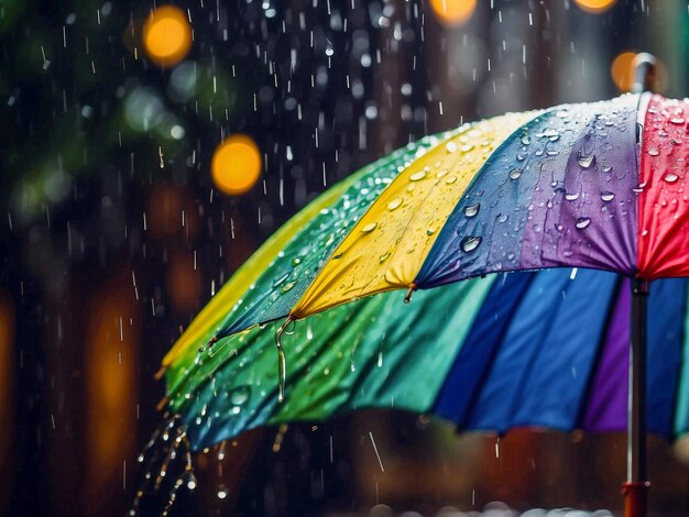 Um guarda-chuva colorido na chuva com gotas de água como um conceito para o tempo úmido e a mudança climática