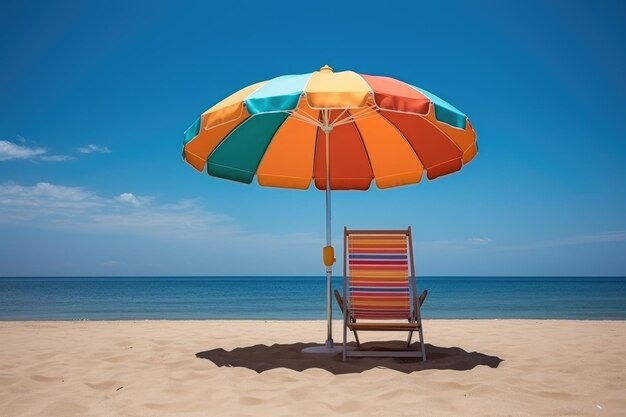 Foto um guarda-chuva de praia com uma cama de sol uma cadeira de praia colorida sob um grande guarda-chuvas listrado na praia férias de verão no mar areia branca e mar