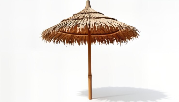Foto um guarda-chuva de praia de palha isolado contra fundo branco material natural cria relaxante tropical