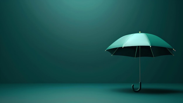 Um guarda-chuva verde escuro está sentado em um vazio verde escuro o guarda-chuvas está fechado e não está sendo segurado por ninguém o fundo é de cor verde escuro