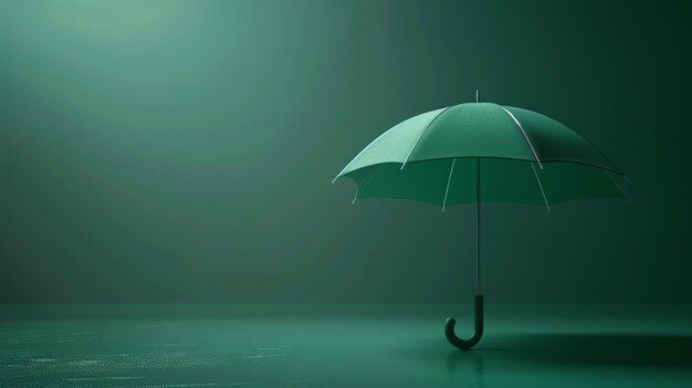 Um guarda-chuva verde está sentado em um chão verde molhado o guarda-chuvas está fechado e não está sendo segurado por ninguém o fundo é uma cor verde escuro sólido
