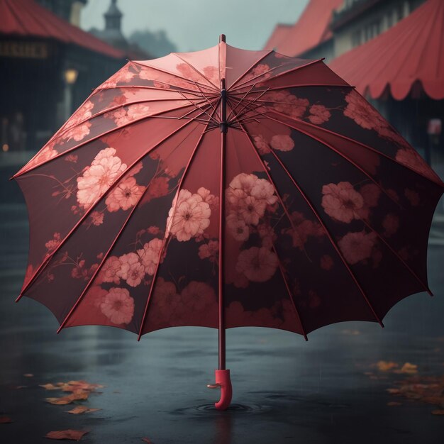 Um guarda-chuva vermelho está em um caminho em um parque