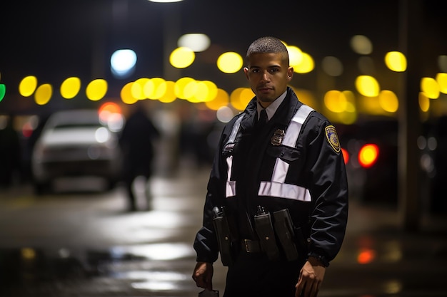 Foto um guarda de segurança de uniforme.