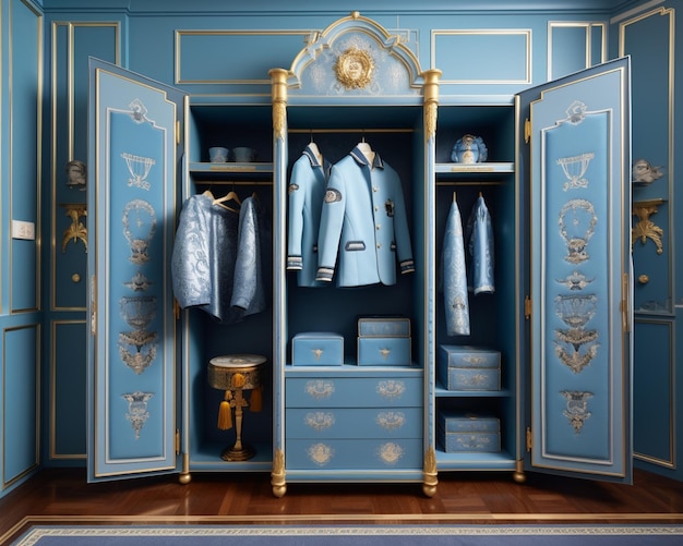 Um guarda-roupa azul com detalhes dourados e as palavras "palácio real" na porta.