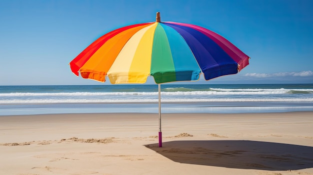 Um guarda-sol colorido em uma praia arenosa