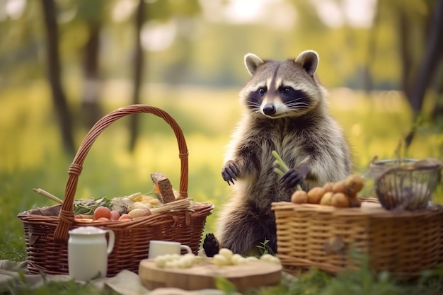 Foto um guaxinim a roubar comida de um piquenique lá fora