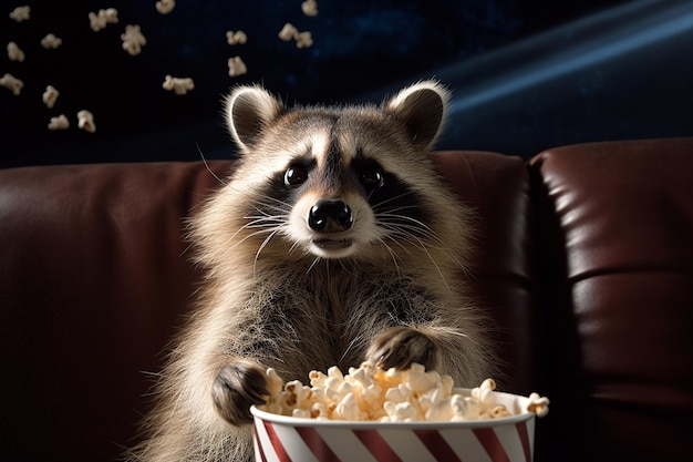 Um guaxinim comendo pipoca em um cinema