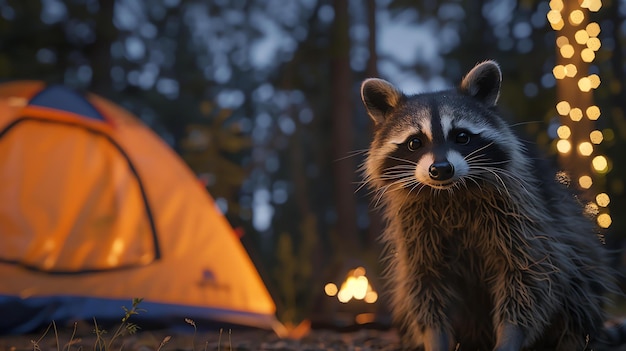 Um guaxinim curioso se aproxima cautelosamente de uma tenda laranja brilhante ao anoitecer na floresta