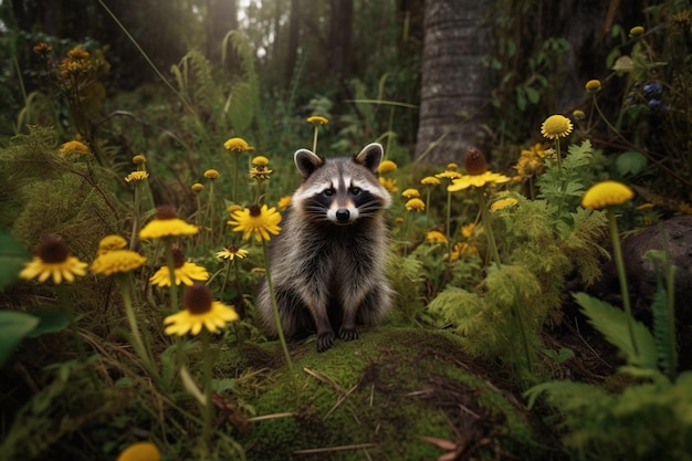 Um guaxinim em um campo de flores