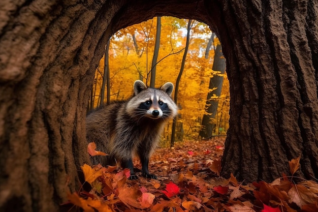 Um guaxinim em uma floresta com folhas de outono