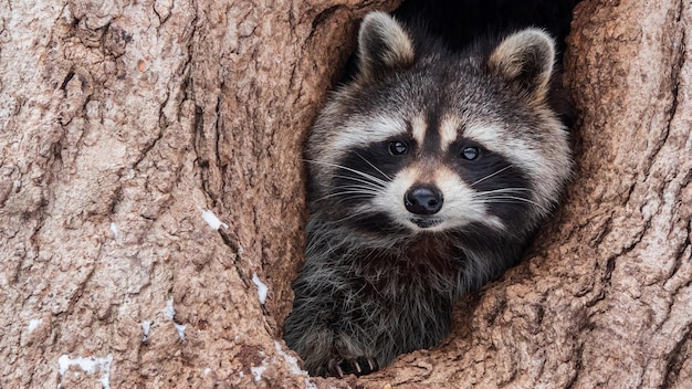 Um guaxinim fofo está sentado em uma árvore na floresta