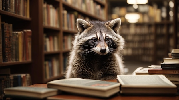 Um guaxinim navegando em uma livraria à procura de uma boa leitura