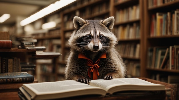 Um guaxinim navegando em uma livraria à procura de uma boa leitura