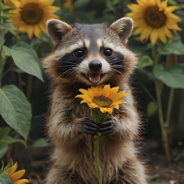 Foto um guaxinim que está segurando uma flor na mão