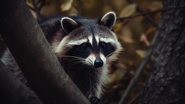 Um guaxinim senta-se em um galho de árvore em uma floresta.