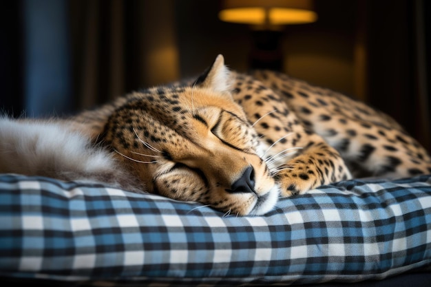 Um guepardo a dormir num travesseiro.