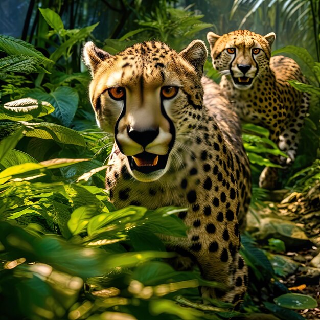 Um guepardo e um guepardo estão na selva.