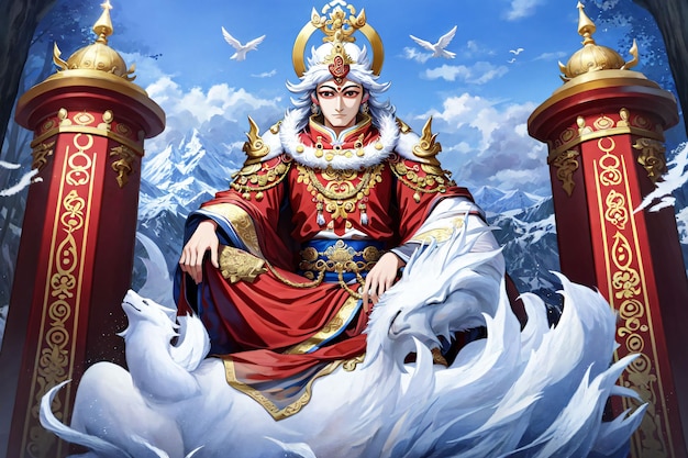 Um guerreiro chinês com um casaco vermelho e branco e um pássaro branco no topo.
