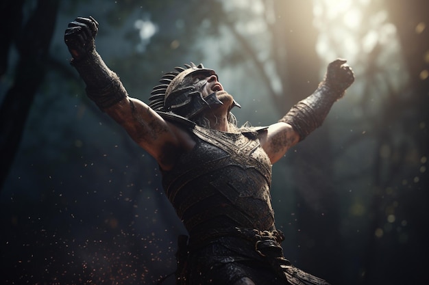 Um guerreiro com os braços erguidos no ar com o sol brilhando atrás dele.