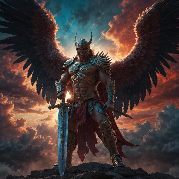 um guerreiro com uma espada e asas está em frente a um anjo com uma espada