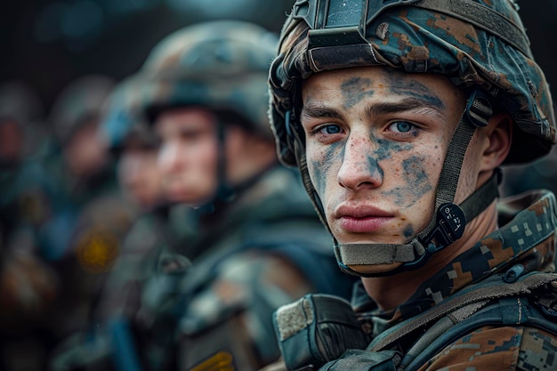 Um guerreiro corajoso capturando a essência de um soldado masculino em uniforme cercado por camaradas