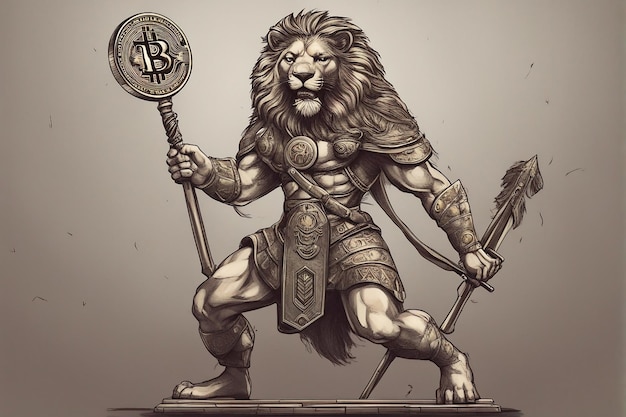 Um guerreiro de cabeça de leão segurando bitcoin Leão pronto para lutar com a arma bitcoin