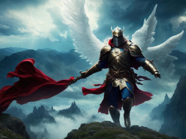Um guerreiro de fantasia com asas e uma capa vermelha fica em um penhasco acima das nuvens.