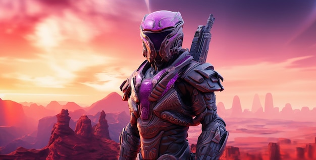 um guerreiro espacial em armadura futurista em um planeta alienígena HD papel de parede gerado ai