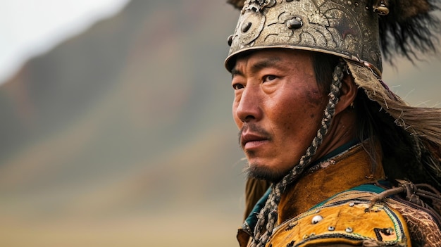 Foto um guerreiro mongol vestido com a tradicional armadura de pelo de cavalo e escamas olha para a distância