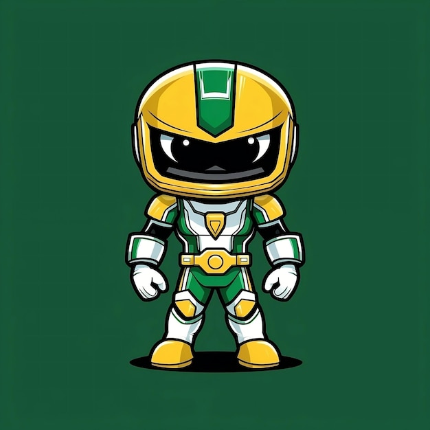 Um guerreiro ninja verde e amarelo parado na frente de um fundo verde