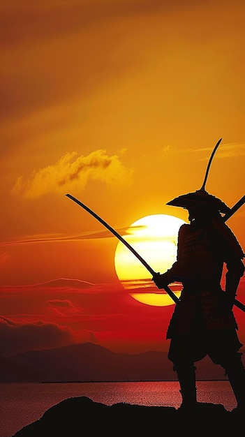 Foto um guerreiro samurai ao pôr-do-sol samurai japonês