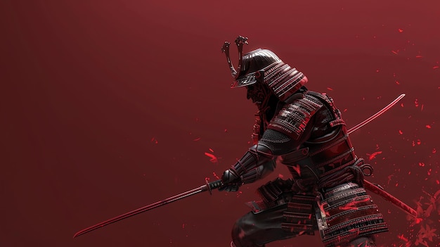 Um guerreiro samurai vestido com uma armadura tradicional empunhando uma espada katana pronta para atacar
