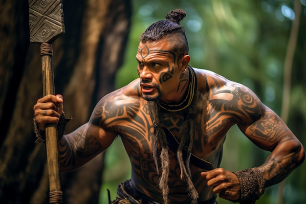 Um guerreiro tribal maori na floresta tropical do Tahiti