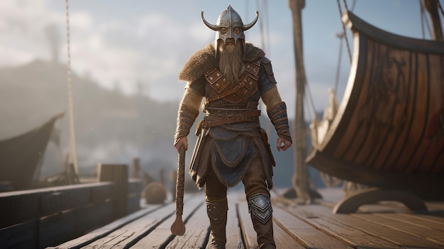 Um guerreiro viking está em uma doca com uma espada na mão.