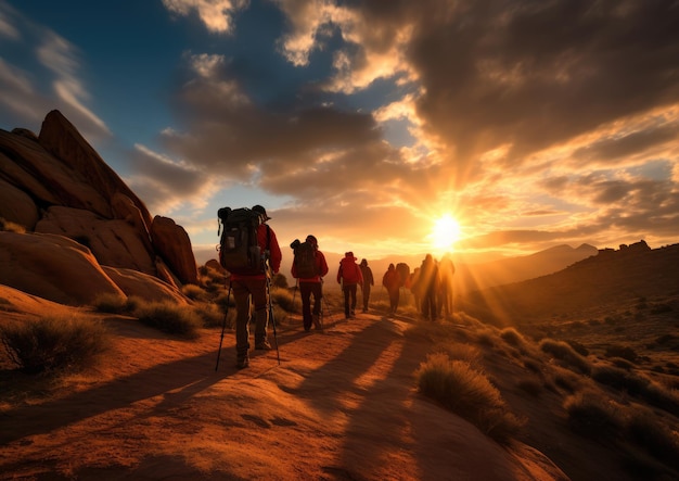 Um guia liderando um grupo de fotógrafos em uma caminhada ao nascer do sol, capturando a luz suave e quente e