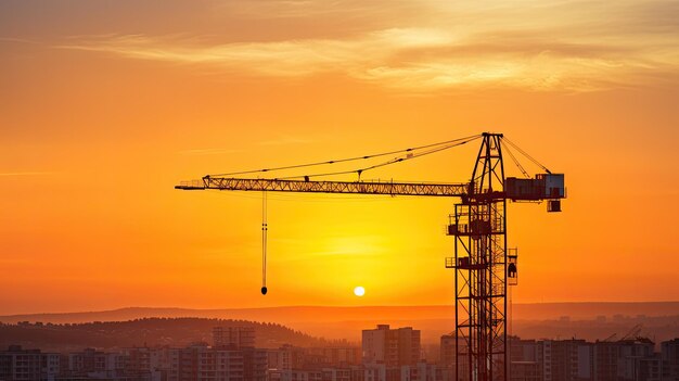 Um guindaste de torre ao pôr-do-sol em Madrid, Espanha, lançando uma silhueta contra um belo fundo laranja com os últimos raios de sol