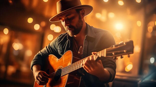 Foto um guitarrista tocando ao vivo na frente dos spotlights de música generative ai