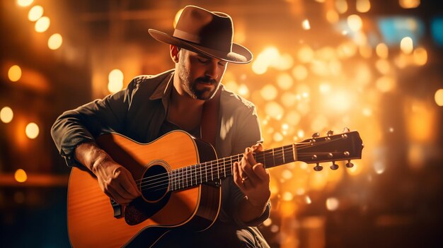 Foto um guitarrista tocando ao vivo na frente dos spotlights de música generative ai