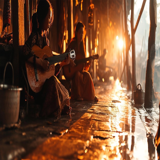Um guitarrista tocando uma guitarra clássica sob o brilho de uma lâmpada de rua vintage à noite