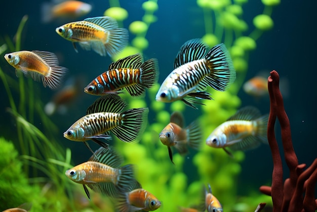 Foto um guppies colorido nada em um aquário de água azul