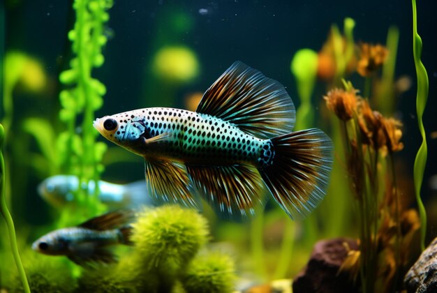 Um guppies colorido nada em um aquário de água azul