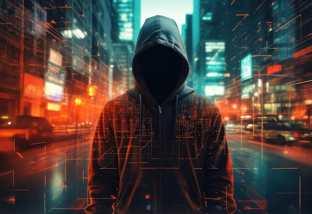 Um hacker anônimo vestindo um capuz é retratado em uma foto de dupla exposição tirada à noite no dia
